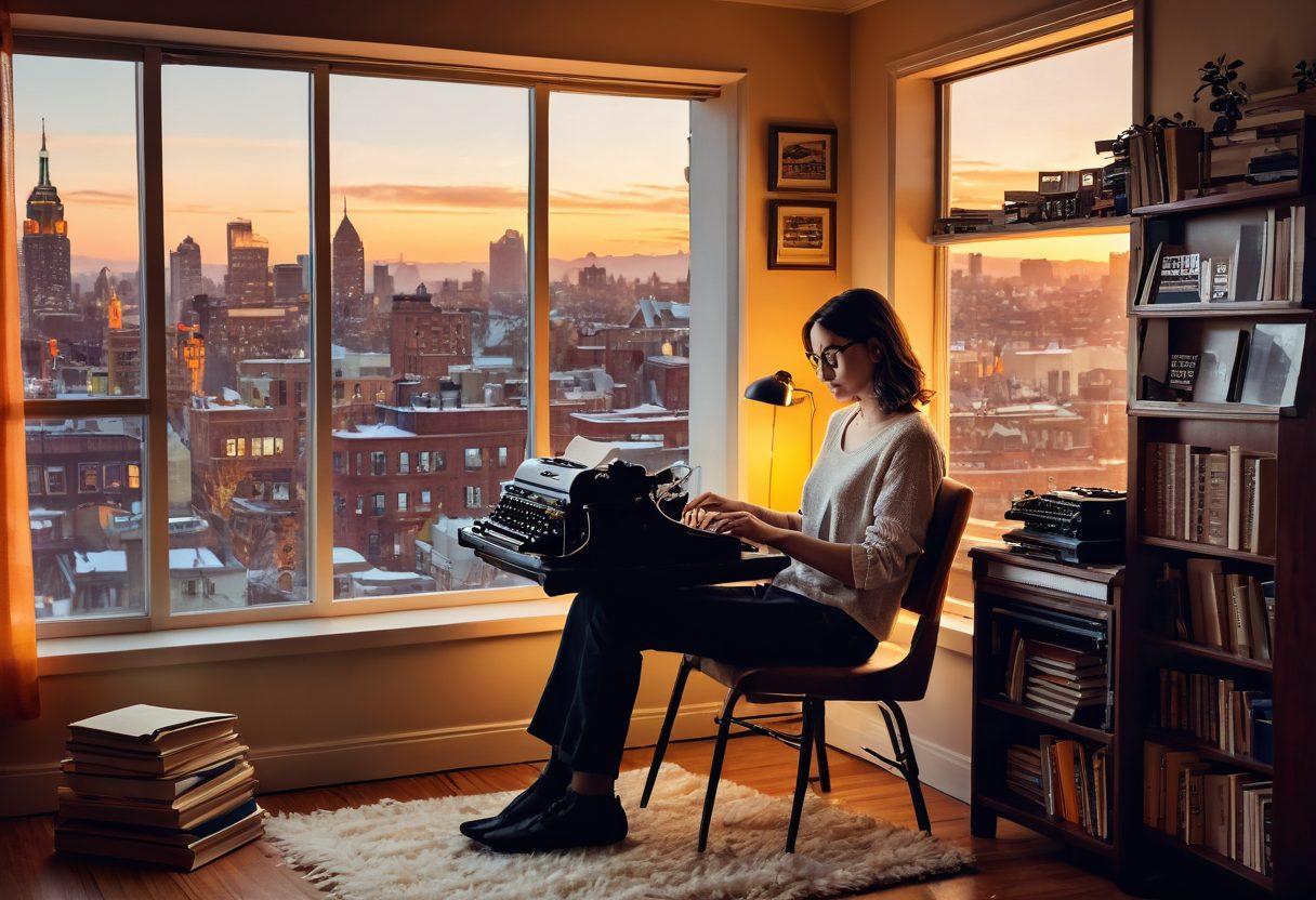 A whimsical scene depicting a writer seated at a vintage typewriter in a cozy, sunlit room filled with floating digital words and symbols representing personal storytelling. The background features a book-filled shelf and a window overlooking a modern cityscape, symbolizing the blend of traditional and digital writing. A warm, inviting ambiance to inspire creativity. vibrant colors. cozy aesthetic.