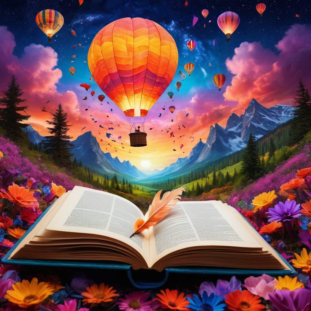 A whimsical and enchanting scene showcasing an open book with vibrant, swirling stories and characters escaping into the air, surrounded by a diverse group of bloggers of different backgrounds passionately sharing ideas. Bright colors illuminate the setting, with whimsical elements like quills, ink, and floating words creating an atmosphere of creativity and inspiration. The backdrop features a surreal landscape symbolizing endless storytelling possibilities. super-realistic. vibrant colors. magical atmosphere.