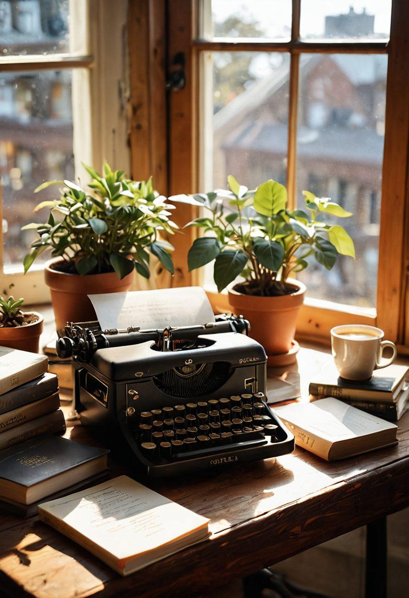 A cozy workspace featuring a vintage typewriter, stacks of books, and a steaming cup of coffee on a wooden table. Sunlight spills through a nearby window, illuminating personal artifacts like travel souvenirs and handwritten notes that evoke a lifestyle story. In the background, a plant thrives, symbolizing growth and creativity. Include a soft, inviting color palette. super-realistic. warm tones. natural lighting.